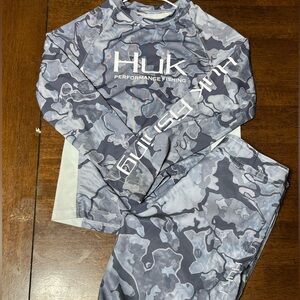 Huk kids youth small performance shirt and swim shorts.